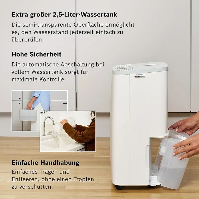 Bosch Luftentfeuchter Dry 2000 - Entfeuchtungsleistung: 12 l/Tag, Weiß - Produktabbildung eines Bosch Luftentfeuchters mit großem Wassertank und einfacher Handhabung für komfortable Raumentfeuchtung.