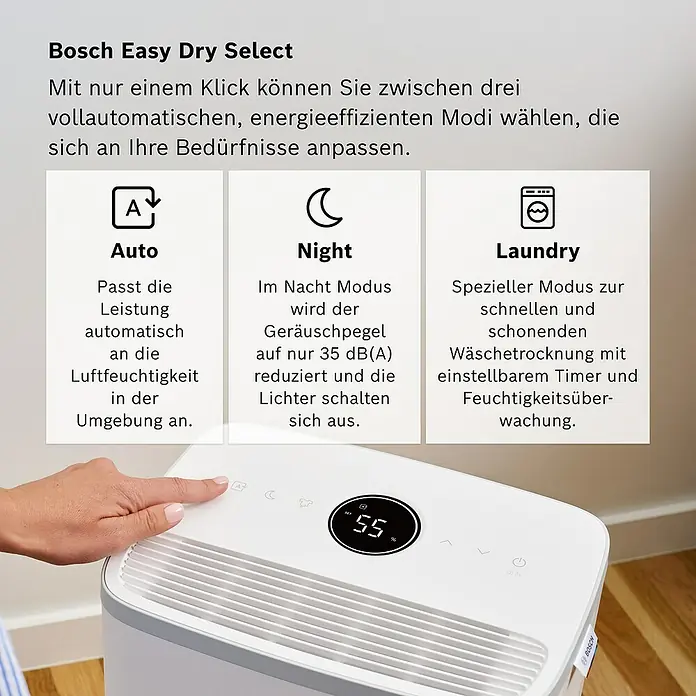 Bosch Luftentfeuchter Dry 2000 - Entfeuchtungsleistung: 12 l/Tag, Weiß - Das Bild zeigt den Bosch Easy Dry Select Luftentfeuchter mit seinen drei Modi: Auto, Nacht und Wäschetrocknung.