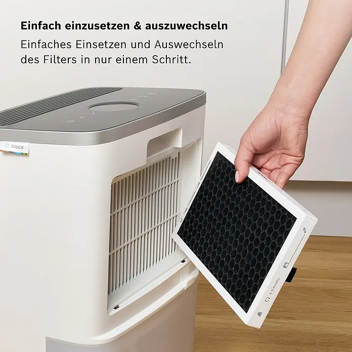 Bosch Filter für Luftentfeuchter Serie DRY - 2 Stk. - Nahaufnahme eines Bosch Luftreinigers mit austauschbarem Filter. Einfacher Filterwechsel für saubere Luft.