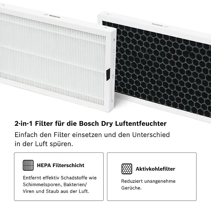 Bosch Filter für Luftentfeuchter Serie DRY - 2 Stk. - Bosch 2-in-1 Filter für Luftentfeuchter. HEPA-Filterschicht entfernt Schadstoffe, Aktivkohlefilter reduziert Gerüche.
