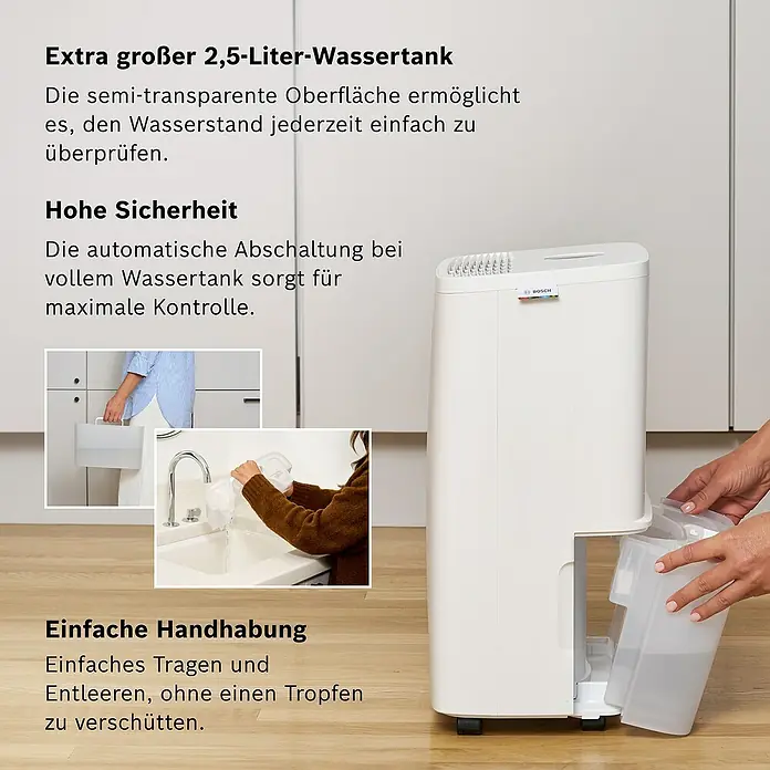 Bosch Luftentfeuchter Dry 1000 - Entfeuchtungsleistung: 10 l/Tag, Weiß - Produktbild des Bosch Luftentfeuchters mit großem Wassertank, automatischer Abschaltung und einfacher Handhabung.