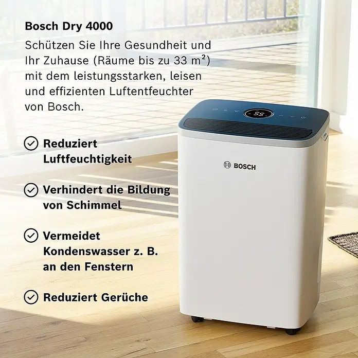 Bosch Luftentfeuchter Dry 4000 - Entfeuchtungsleistung: 16 l/Tag, Weiß - Bild des Bosch Dry 4000 Luftentfeuchters, der für ein gesundes Raumklima sorgt und Feuchtigkeit reduziert.