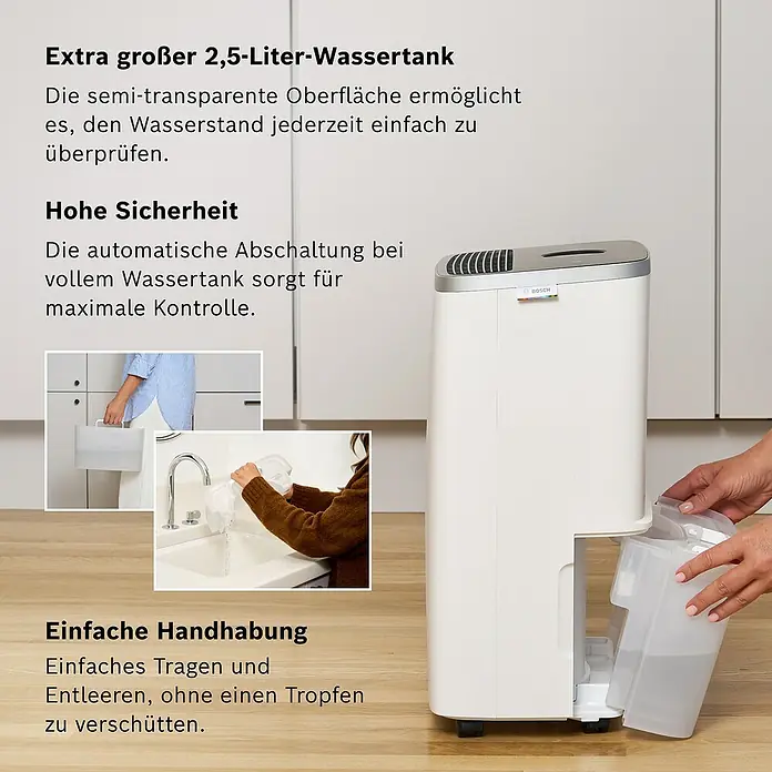 Bosch Luftentfeuchter Dry 4000 - Entfeuchtungsleistung: 16 l/Tag, Weiß - Luftentfeuchter mit großem 2,5-Liter-Wassertank zur einfachen Überprüfung des Wasserstandes und zur einfachen Entleerung ohne Verschütten.