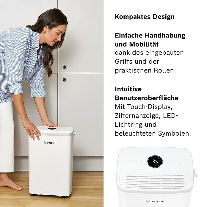 Bosch Luftentfeuchter Dry 2000 - Entfeuchtungsleistung: 12 l/Tag, Weiß - Eine Frau bedient einen mobilen, kompakten, weissen Luftentfeuchter von Bosch mit Touchdisplay, Ziffernanzeige, LED-Lichtring und Symbolen.