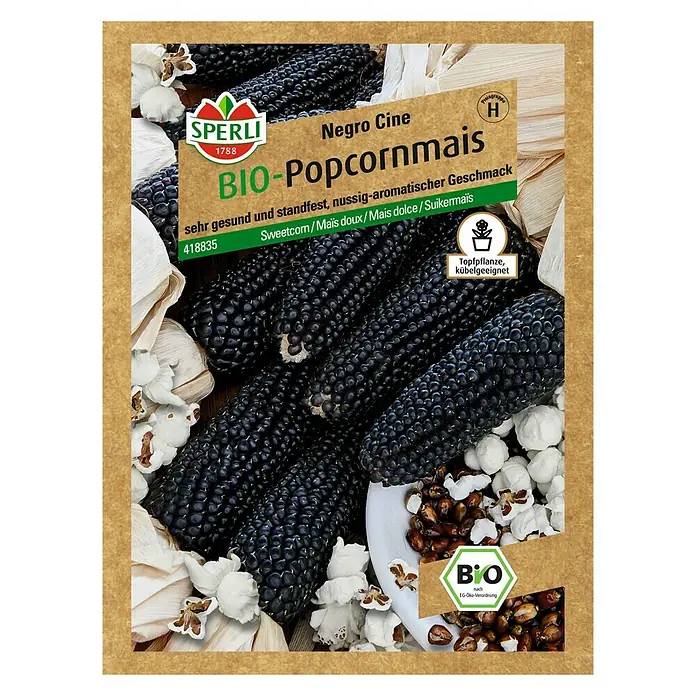 Sperli Gemüsesamen BIO Popcornmais - Zea mays 'Negro Cine', Erntezeit: September - Abbildung einer Samenpackung für "Negro Cine BIO-Popcornmais" von Sperli, die gesunde, nussig-aromatische Bio-Popcornmaispflanzen verspricht.