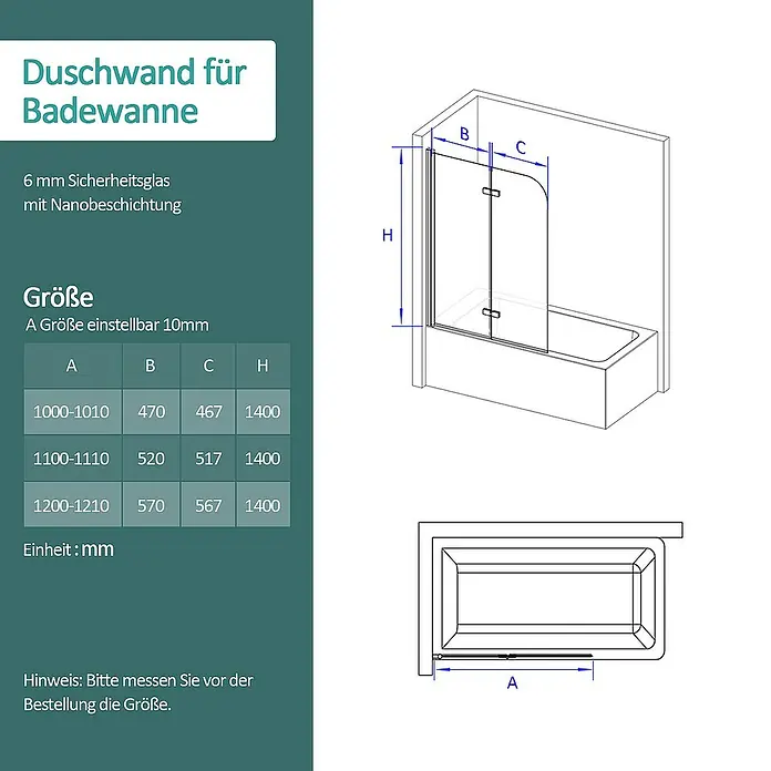 Emke Badewannenaufsatz FBSS - B x H: 120 x 140 cm, 2 Stk., Chrom - Abbildung einer Duschwand für die Badewanne mit Maßangaben.