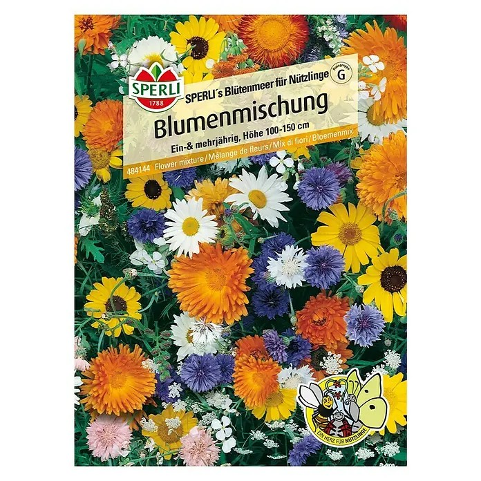 Sperli Blumensamen Blütenmeer für Nützlinge - Verschiedene Sorten, Mehrfarbig, 1,5 m² - SPERLI's Blumenmischung: Eine farbenfrohe Mischung ein- und mehrjähriger Blumen, ideal für Nützlinge, mit einer Höhe von 100-150 cm.