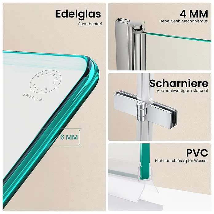 Emke Badewannenaufsatz FBSS - B x H: 110 x 140 cm, 2 Stk., Chrom - Detailansicht einer Duschkabine mit Sicherheitsglas, 6 mm dick, Hebe-Senk-Mechanismus, Scharniere aus hochwertigem Material und wasserdichtem PVC.