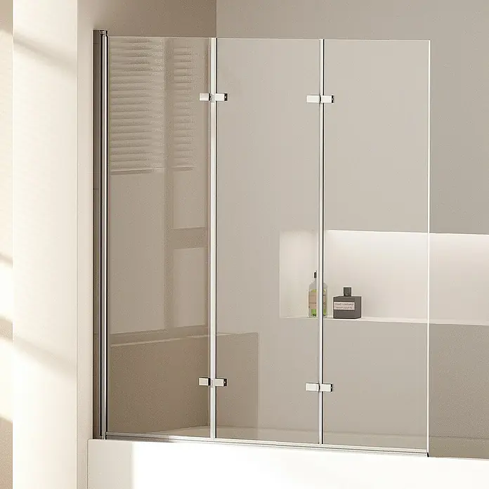 Emke Badewannenaufsatz FTSS - B x H: 120 x 140 cm, 3 Stk., Chrom - Duschabtrennung aus Glas mit eleganten Metallbeschlägen, die ein modernes Badezimmerdesign unterstreicht. Die klaren Linien sorgen für ein helles, offenes Ambiente.