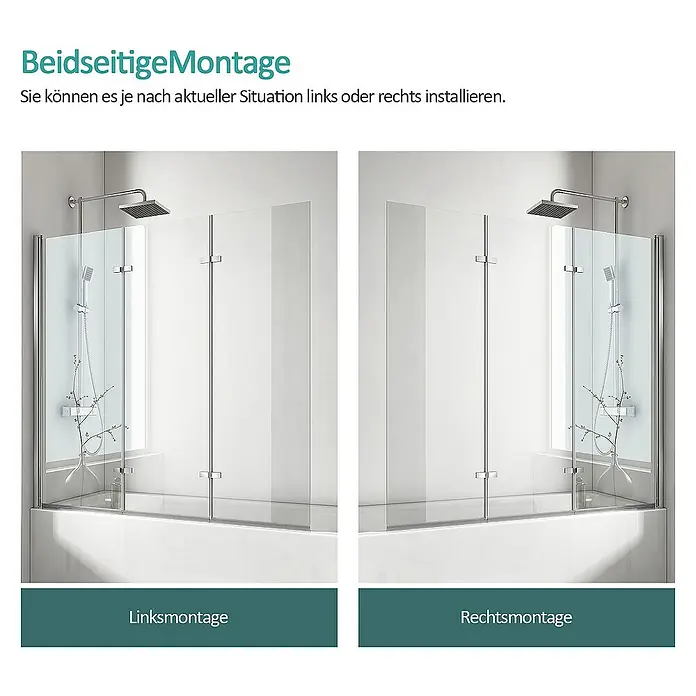 Emke Badewannenaufsatz FTSS - B x H: 120 x 140 cm, 3 Stk., Chrom - Bild zeigt eine Badewannen-Duschwand mit zwei Optionen für die Installation: links oder rechts, für flexible Badgestaltung.