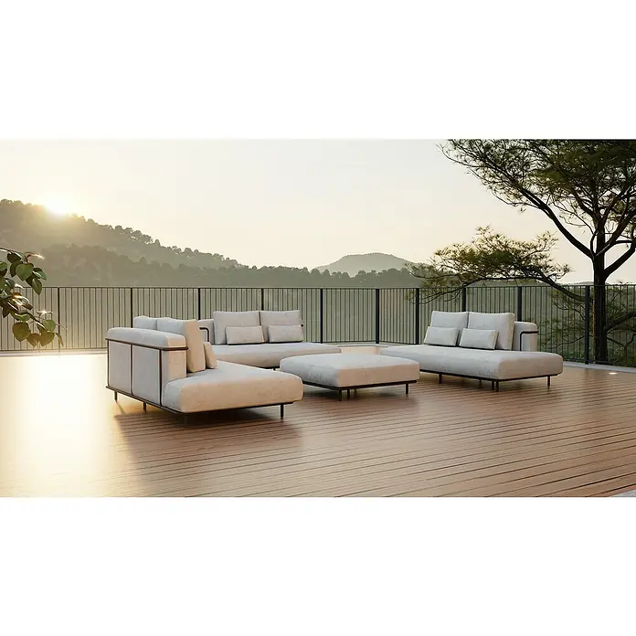 Sunfun Loungemöbel-Set - 4 -tlg., Aluminium, Textil, Sand/Night-Grey - Helle modulare Outdoor-Lounge-Garnitur mit schwarzen Akzenten auf einer Holzterrasse mit Blick auf die Landschaft im Hintergrund.