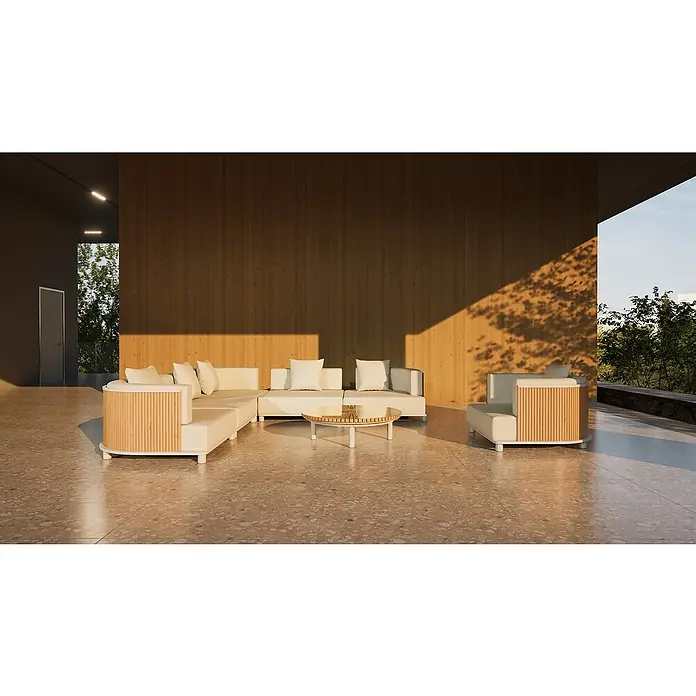 Sunfun Loungemöbel-Set - 7 -tlg., Aluminium, Textil, Champagner/Holz - Elegante Lounge-Garnitur mit hellem Polster und Holzdetails. Ideal für stilvolle Außenbereiche.