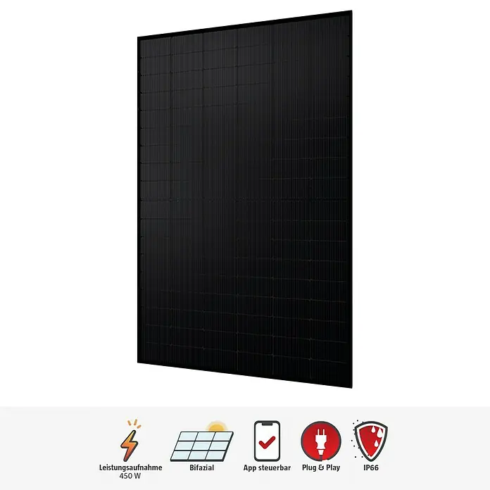 Green Solar Solarmodul 0% MwSt. (gem. § 12 Abs. 3 UStG) - Bifazial, 450 W, L x B x H: 176,2 x 113,4 x 3 cm - Abbildung eines Bifazial-Solarmoduls mit 450 W Leistung, app-steuerbar und Plug & Play. IP66 Schutzart.