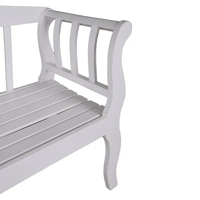 Garden Pleasure Gartenbank Arcadia - B x T x H: 150 x 53 x 45 cm, Eukalyptus, Weiß - Nahaufnahme einer weißen Gartenbank mit geschwungenen Armlehnen und Lattenrost, ideal für den Außenbereich.