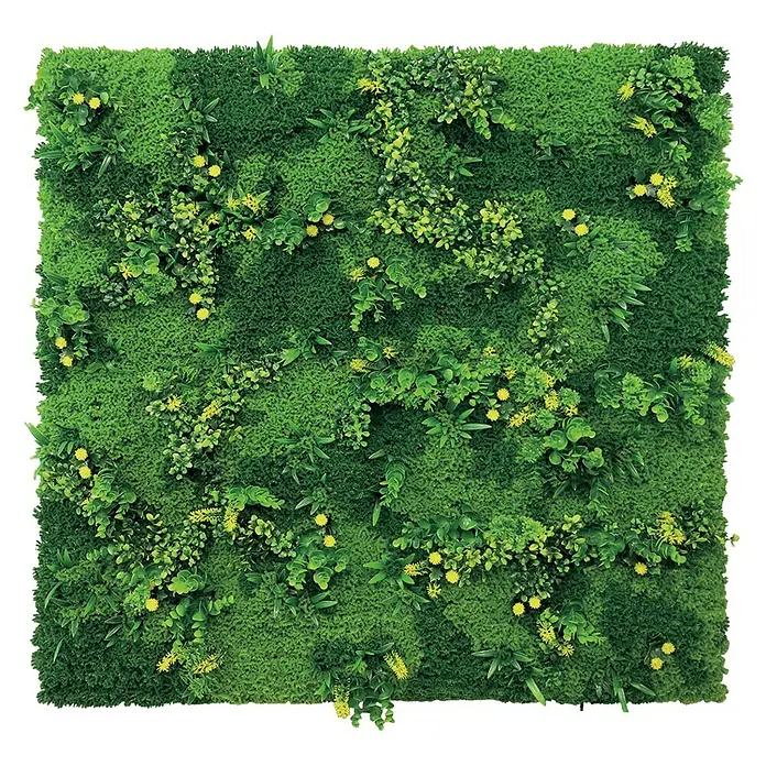 Nortene Vertikaler Garten Tundra - 100 x 100 cm, Kunststoff - Ein quadratisches, grünes Moosbild mit kleinen gelben Blüten sorgt für eine natürliche und beruhigende Atmosphäre in jedem Raum.
