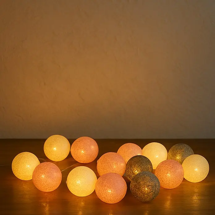 Tween Light LED-Lichterkette Ball - Innen, Lichtfarbe: Warmweiß, Anzahl Leuchtmittel: 20 Stk., Batteriebetrieben, Bunt - Dekoratives Foto von einer Lichterkette mit runden, leuchtenden Kugeln in verschiedenen Farben, die eine warme und gemütliche Atmosphäre erzeugen.