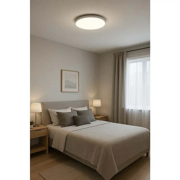 Eglo Plafón LED redondo Pogliola-E - 10 W, Ø x Al: 26 x 5,5 cm, Blanco, Blanco neutro - Dormitorio luminoso con una moderna lámpara de techo LED redonda que crea un ambiente agradable. La luminaria está situada en el centro para una iluminación óptima.
