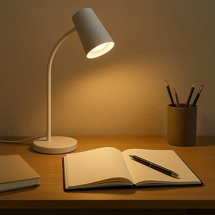 Prisma Leuchten Lámpara de sobremesa Skriva - 9 W, Blanco, GU10 - Una lámpara de escritorio blanca moderna ilumina un cuaderno con un bolígrafo y un portalápices en un escritorio.