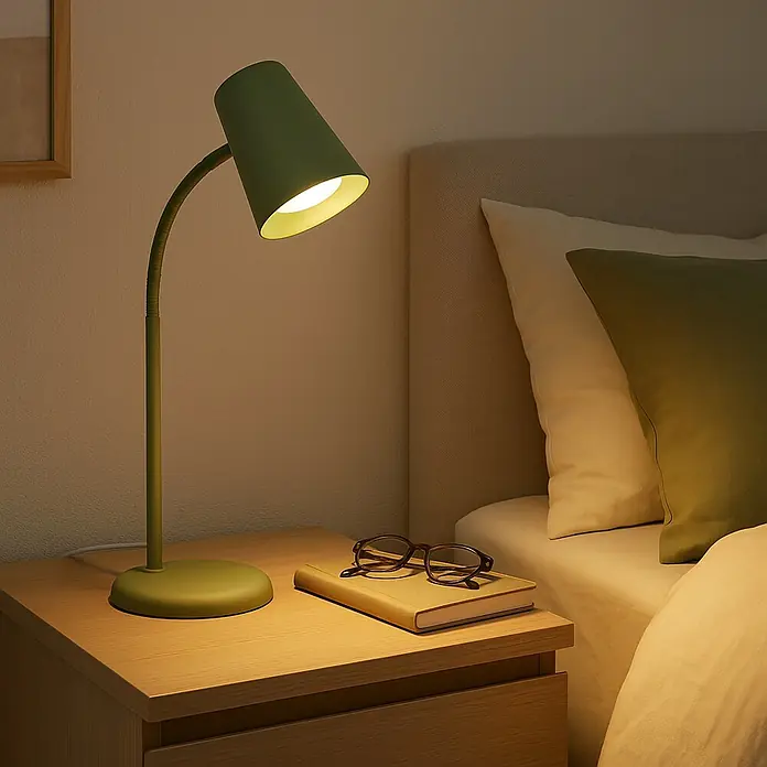 Prisma Leuchten Lámpara de sobremesa Skriva - 9 W, Verde, GU10 - Una lámpara de escritorio verde ilumina una mesita de noche con un libro y unas gafas.