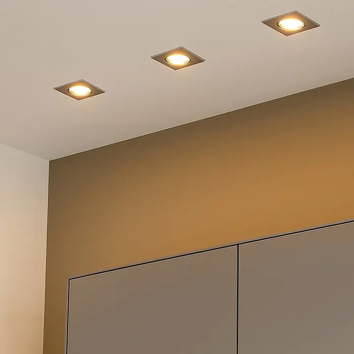 Trio Lighting Set de focos LED empotrables Pamir cuadrado - 5,5 W, Color de luz: Blanco cálido, L x An x Al: 8,5 x 8,5 x 5,4 cm, Blanco - La imagen muestra tres luces LED cuadradas de techo que proporcionan iluminación cálida en una habitación moderna, creando un ambiente acogedor.