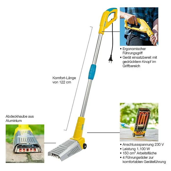 Gloria Unkrautvernichter Thermoflamm bio Fix - Flammtemperatur: 800 °C - Produktbild eines gelben, elektrischen Unkrautentferners mit Aluminiumabdeckung, ideal für die komfortable Gartenarbeit.