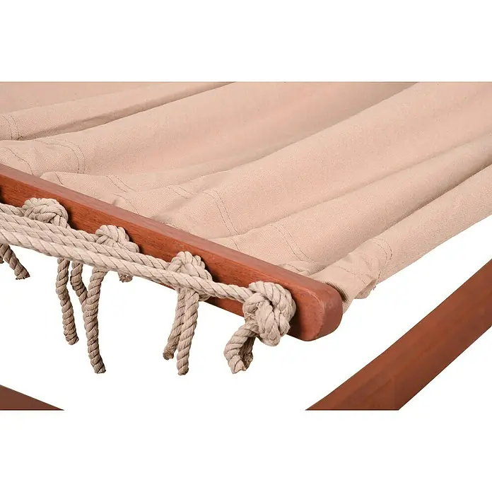 Garden Pleasure Hängematten-Set Madeira - L x B x H: 300 x 100 x 98 cm, Grau/Braun - Detailaufnahme einer Hängematte mit beigefarbenem Stoff und Holzrahmen, befestigt mit Seilen.