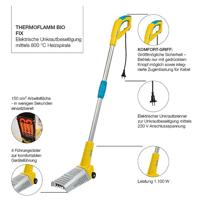 Gloria Unkrautvernichter Thermoflamm bio Fix - Flammtemperatur: 800 °C - Das Bild zeigt einen Thermoflamm Bio Fix Unkrautvernichter. Der umweltfreundliche Unkrautvernichter arbeitet mit einer 800 °C Heizspirale und 230 V Anschlussspannung.