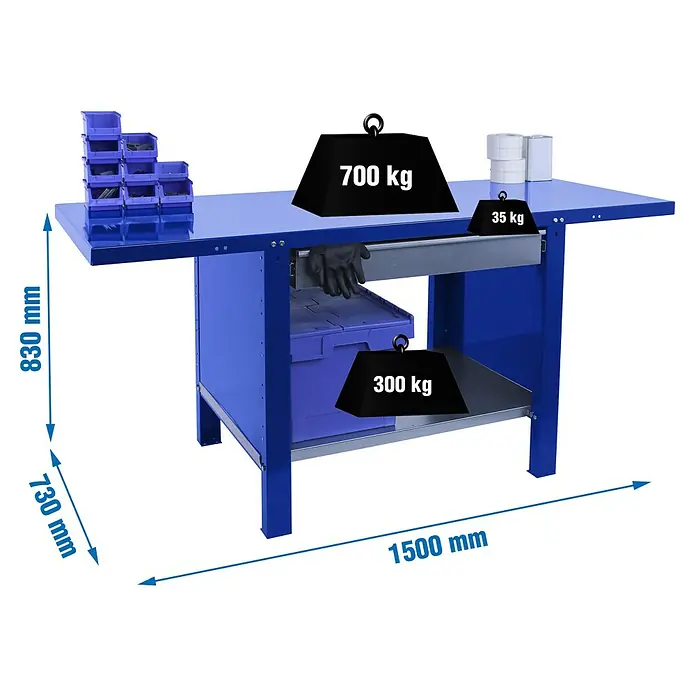 Simonrack Simonwork Banco de trabajo BT6L PRO Box Metal - L x An: 73 x 150 cm, Altura de trabajo: 83 cm, Carga soportada: 1.035 kg, Azul - Imagen de un banco de trabajo azul con indicaciones de peso. El banco de trabajo cuenta con contenedores de herramientas, un cajón y un estante.
