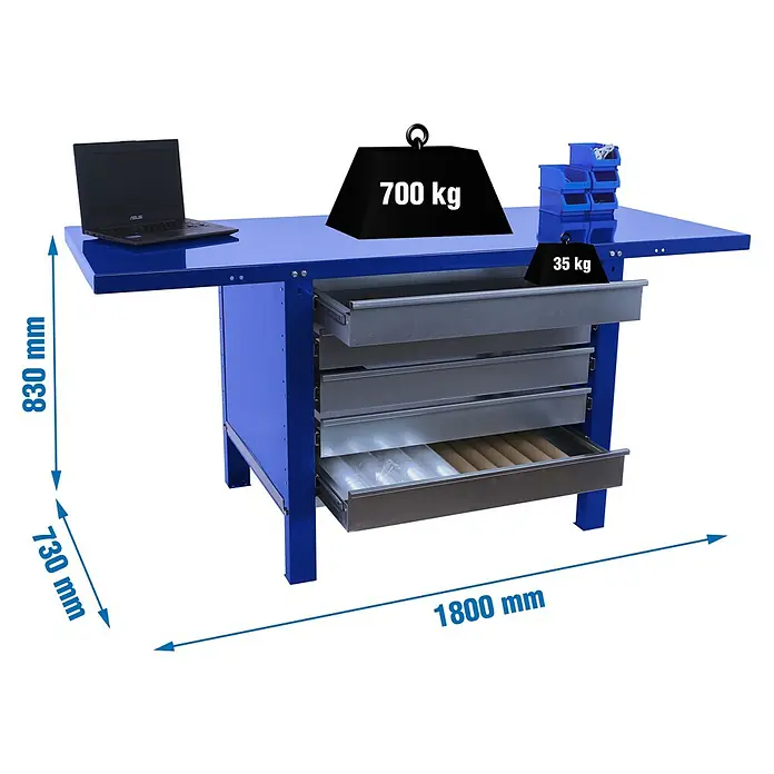 Simonrack Simonwork Banco de trabajo BT6L PRO Box Metal - L x An: 73 x 180 cm, Altura de trabajo: 83 cm, Carga soportada: 600 kg, Azul - Banco de trabajo con cajones, capacidad de carga de 700 kg en la superficie y 35 kg por cajón, dimensiones: 1800 mm de ancho y 830 mm de alto.