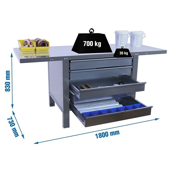 Simonrack Simonwork Banco de trabajo BT6L PRO Box Metal (L x An: 73 x 180 cm, Altura de trabajo: 83 cm, Carga soportada: 600 kg, Gris) | BAUHAUS