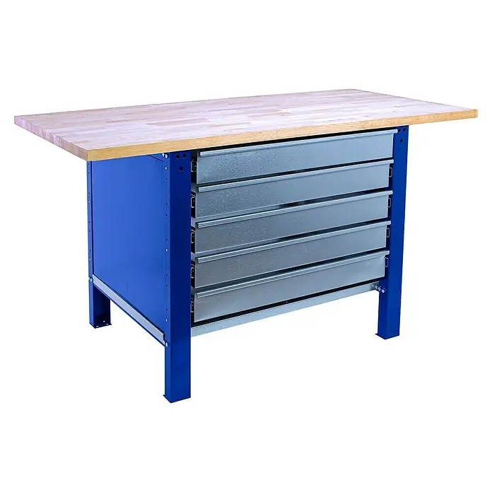 Simonrack Simonwork Banco de trabajo BT6 PRO Box Laminate - L x An: 75 x 120 cm, Altura de trabajo: 86,5 cm, Carga soportada: 1.000 kg, Azul - Banco de trabajo con estructura metálica azul y tablero de madera con cuatro cajones para guardar herramientas y accesorios.