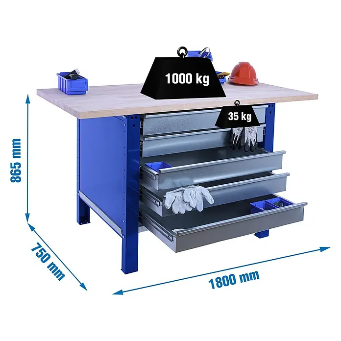 Simonrack Simonwork Banco de trabajo BT6L PRO Box Laminate - L x An: 75 x 180 cm, Altura de trabajo: 86,5 cm, Carga soportada: 1.000 kg, Azul - Banco de trabajo con cajones y dimensiones. Construcción robusta, ideal para talleres. Carga máx.: 1000 kg (mesa), 35 kg (cajón).