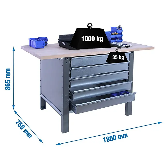 Simonrack Simonwork Banco de trabajo BT6L PRO Box Laminate - L x An: 75 x 180 cm, Altura de trabajo: 86,5 cm, Carga soportada: 1.000 kg, Gris - Imagen del producto de un banco de trabajo con cajones e información sobre el peso.