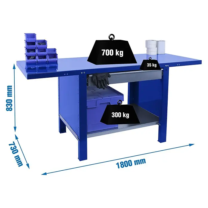 Simonrack Simonwork Banco de trabajo BT6L PRO Box Metal - L x An: 73 x 180 cm, Altura de trabajo: 83 cm, Carga soportada: 1.035 kg, Azul - Banco de trabajo azul con cajón, estante e información de peso etiquetada. El banco de trabajo está equipado con accesorios colocados en su superficie.