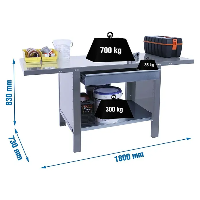 Simonrack Simonwork Banco de trabajo BT6L PRO Box Metal - L x An: 73 x 180 cm, Altura de trabajo: 83 cm, Carga soportada: 1.035 kg, Gris - Representación de un banco de trabajo con indicaciones de peso e indicaciones de dimensiones para altura y anchura.