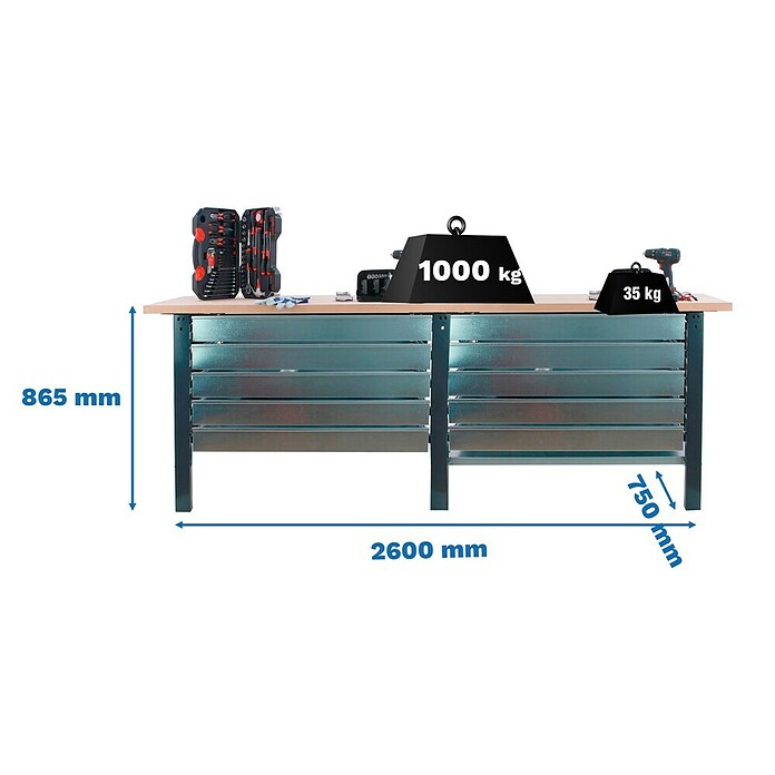 Simonrack Simonwork Banco de trabajo BT6L PRO Box Tandem Laminate (L x An: 75 x 260 cm, Altura de trabajo: 86,5 cm, Carga soportada: 1.000 kg, Antracita/Haya) | BAUHAUS