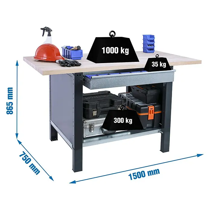 Simonrack Simonwork Banco de trabajo BT6L PRO Box Laminate - L x An: 75 x 150 cm, Altura de trabajo: 86,5 cm, Carga soportada: 1.335 kg, Antracita - Imagen de un banco de trabajo con cajones y estantes, cargado con varias herramientas y pesos.