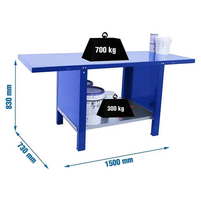 Simonrack Simonwork Banco de trabajo BT6L PRO Metal - L x An: 73 x 150 cm, Altura de trabajo: 83 cm, Carga soportada: 1.000 kg, Azul - Banco de trabajo azul con indicaciones de peso. Construcción robusta para tareas de taller, ideal para cargas pesadas.