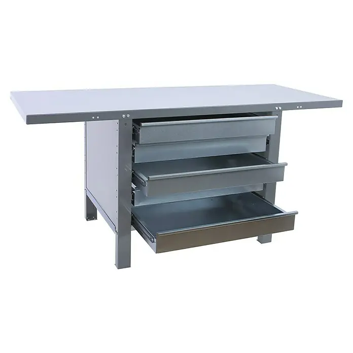 Simonrack Simonwork Banco de trabajo BT6 PRO Box Metal - L x An: 73 x 120 cm, Altura de trabajo: 83 cm, Carga soportada: 600 kg, Gris - La imagen muestra un banco de trabajo con tres cajones, uno de ellos abierto. El banco de trabajo tiene una superficie de color claro y un marco gris.