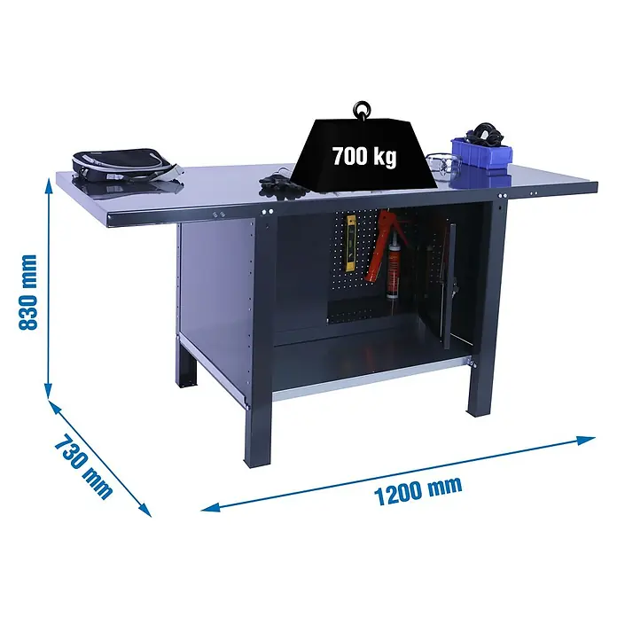 Simonrack Simonwork Banco de trabajo BT6 PRO Cabinet Metal - L x An: 73 x 120 cm, Altura de trabajo: 83 cm, Carga soportada: 1.000 kg, Antracita - Imagen de un banco de trabajo que mide 1200 mm de largo, 730 mm de profundidad y 830 mm de alto, que se puede cargar con hasta 700 kg.