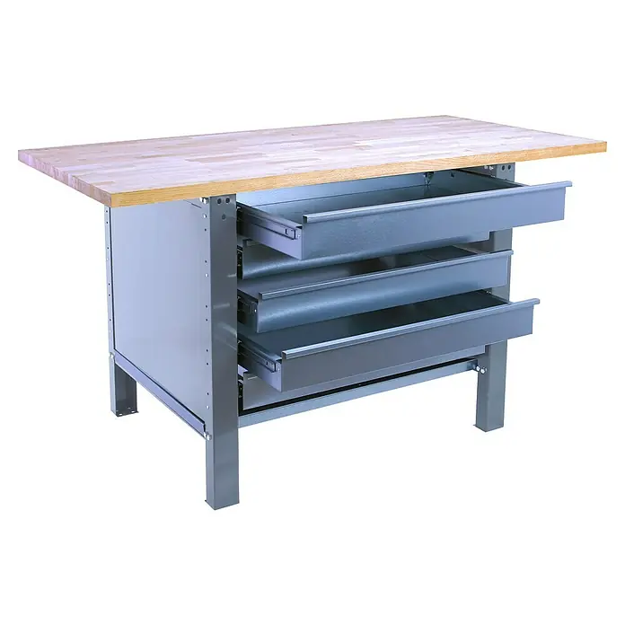 Simonrack Simonwork Banco de trabajo BT6 PRO Box Laminate - L x An: 75 x 120 cm, Altura de trabajo: 86,5 cm, Carga soportada: 1.000 kg, Gris - Banco de trabajo con tres cajones parcialmente abiertos y una superficie de trabajo de madera clara. Robusto e ideal para trabajos de taller.