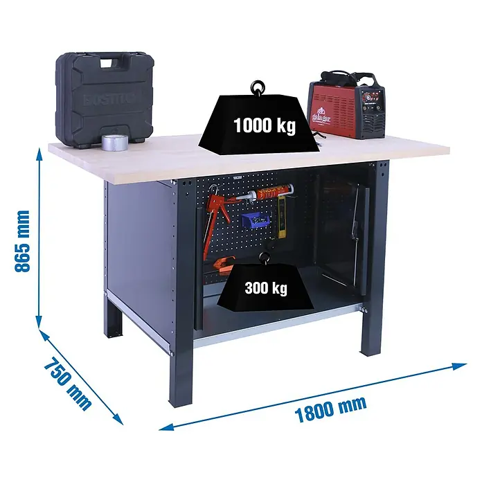 Simonrack Simonwork Banco de trabajo BT6L PRO Cabinet Laminate - L x An: 75 x 180 cm, Altura de trabajo: 86,5 cm, Carga soportada: 1.000 kg, Antracita - Imagen de un banco de trabajo con dimensiones y capacidad de peso para ilustrar su capacidad y tamaño.