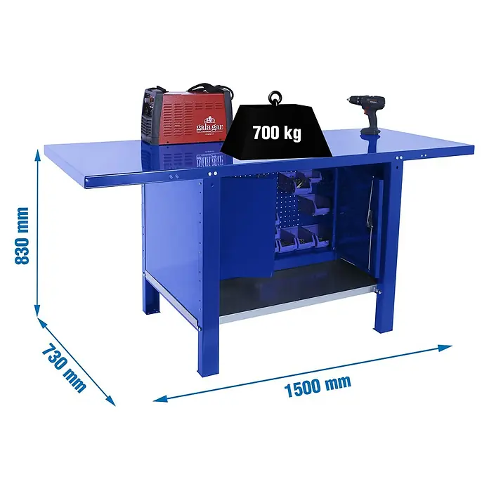 Simonrack Simonwork Banco de trabajo BT6L PRO Cabinet Metal - L x An: 73 x 150 cm, Altura de trabajo: 83 cm, Carga soportada: 700 kg, Azul - Imagen del producto de un banco de trabajo azul con dimensiones. El banco de trabajo se muestra con herramientas y una carga de 700 kg.