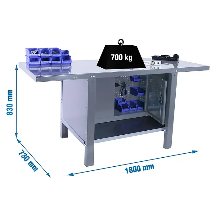 Simonrack Simonwork Banco de trabajo BT6L PRO Cabinet Metal - L x An: 73 x 180 cm, Altura de trabajo: 83 cm, Carga soportada: 700 kg, Gris - Banco de trabajo con cajones y accesorios, capacidad de carga 700 kg, dimensiones 1800x730x830 mm.