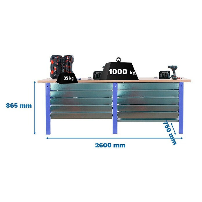 Simonrack Simonwork Banco de trabajo BT6L PRO Box Tandem Laminate (L x An: 75 x 260 cm, Altura de trabajo: 86,5 cm, Carga soportada: 1.000 kg, Azul/Haya) | BAUHAUS