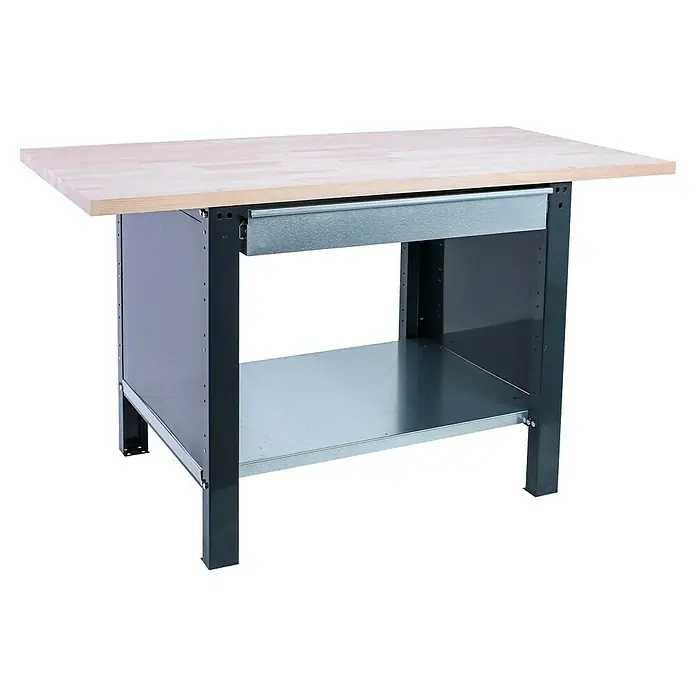 Simonrack Simonwork Banco de trabajo BT6 PRO Box Laminate - L x An: 75 x 120 cm, Altura de trabajo: 86,5 cm, Carga soportada: 1.335 kg, Antracita - Esta imagen muestra un banco de trabajo con un cajón y una estantería. Ideal para talleres, su construcción robusta garantiza durabilidad.