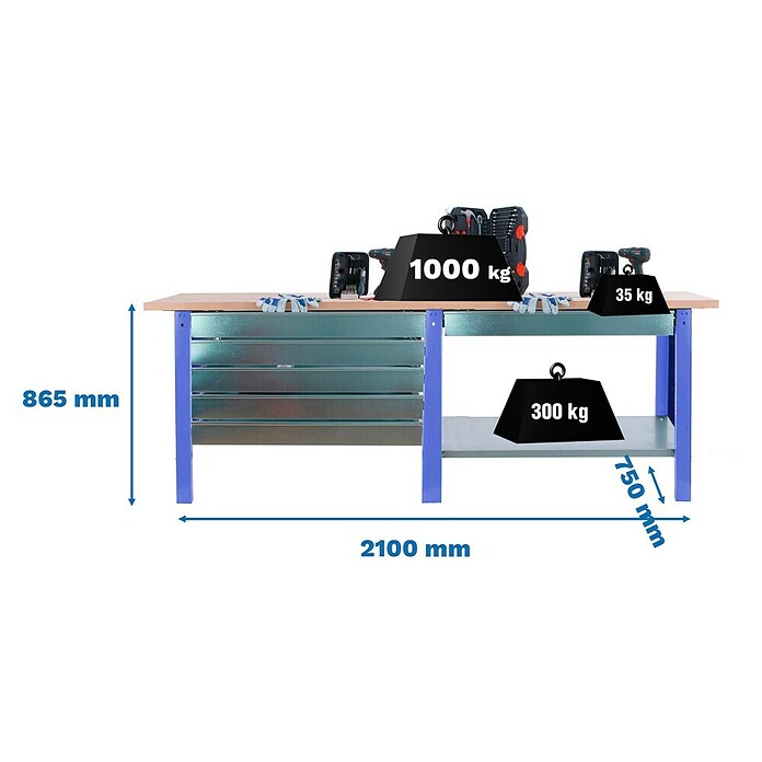 Simonrack Simonwork Banco de trabajo BT6 PRO Box Tandem Laminate (L x An: 75 x 210 cm, Altura de trabajo: 86,5 cm, Carga soportada: 1.000 kg, Azul/Laminado, Número de cajones: 6 ud.) | BAUHAUS