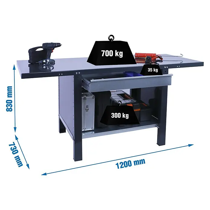 Simonrack Simonwork Banco de trabajo BT6 PRO Box Metal - L x An: 73 x 120 cm, Altura de trabajo: 83 cm, Carga soportada: 1.035 kg, Antracita - Imagen de un banco de trabajo con cajón y estante, con capacidad de carga de hasta 700 kg, 35 kg y 300 kg respectivamente. Longitud 1200 mm, altura 830 mm.