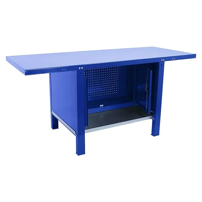 Simonrack Simonwork Banco de trabajo BT6 PRO Cabinet Metal - L x An: 73 x 120 cm, Altura de trabajo: 83 cm, Carga soportada: 1.000 kg, Azul - Este banco de trabajo azul cuenta con una amplia superficie, un armario con puerta y un espacio adicional para estanterías en el lateral.