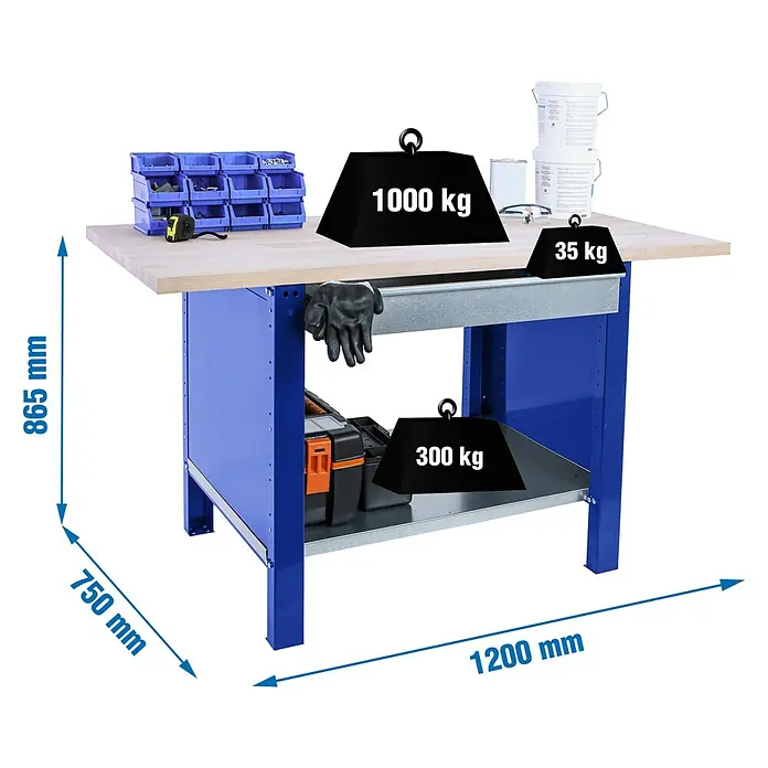 Simonrack Simonwork Banco de trabajo BT6 PRO Box Laminate - L x An: 75 x 120 cm, Altura de trabajo: 86,5 cm, Carga soportada: 1.335 kg, Azul - Banco de trabajo con herramientas y pesos. El banco de trabajo es azul y tiene una tapa de madera. Los pesos indican la capacidad de carga.
